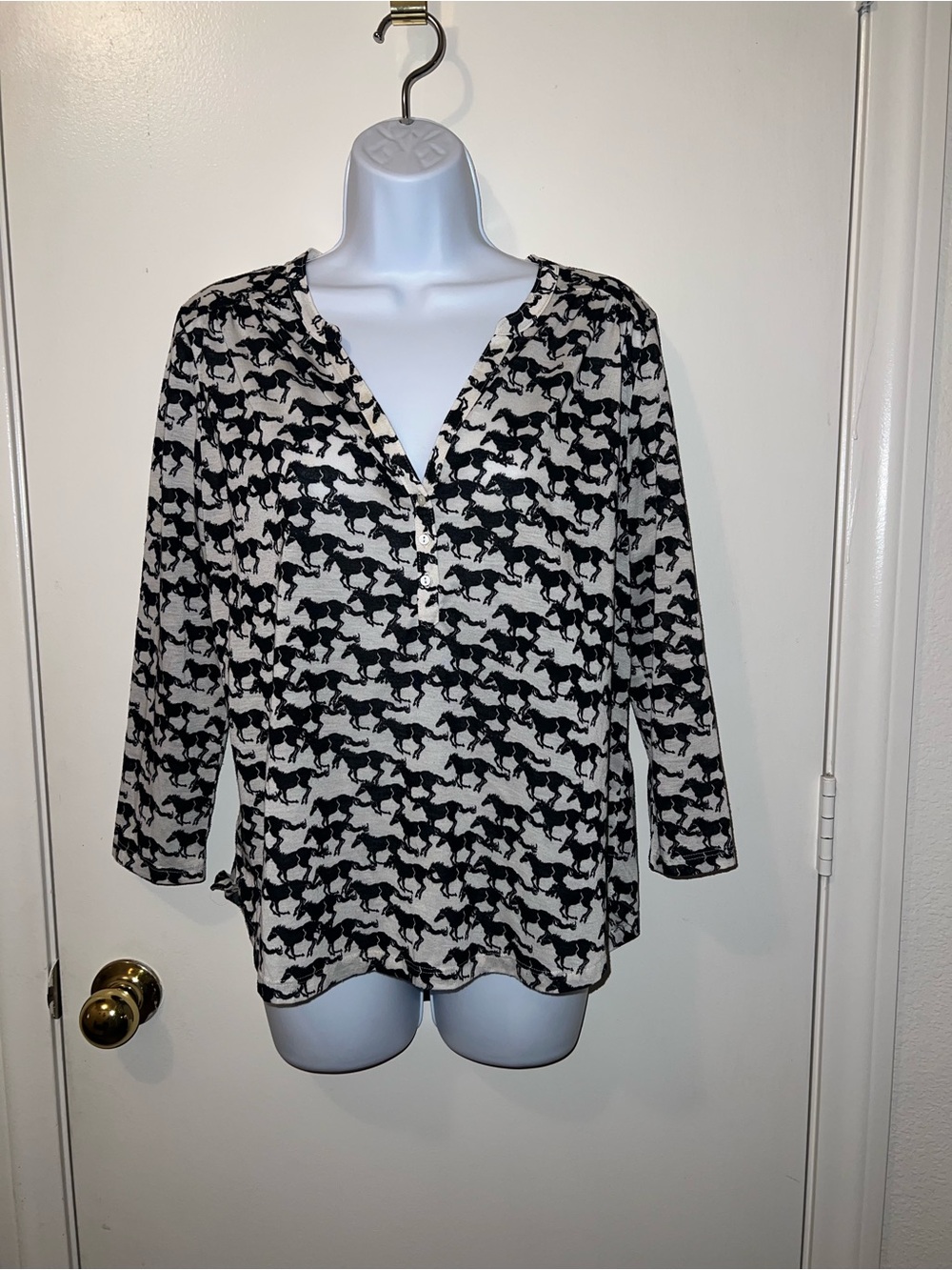 H&M Black and White Horse-Print V-Neck Blouse